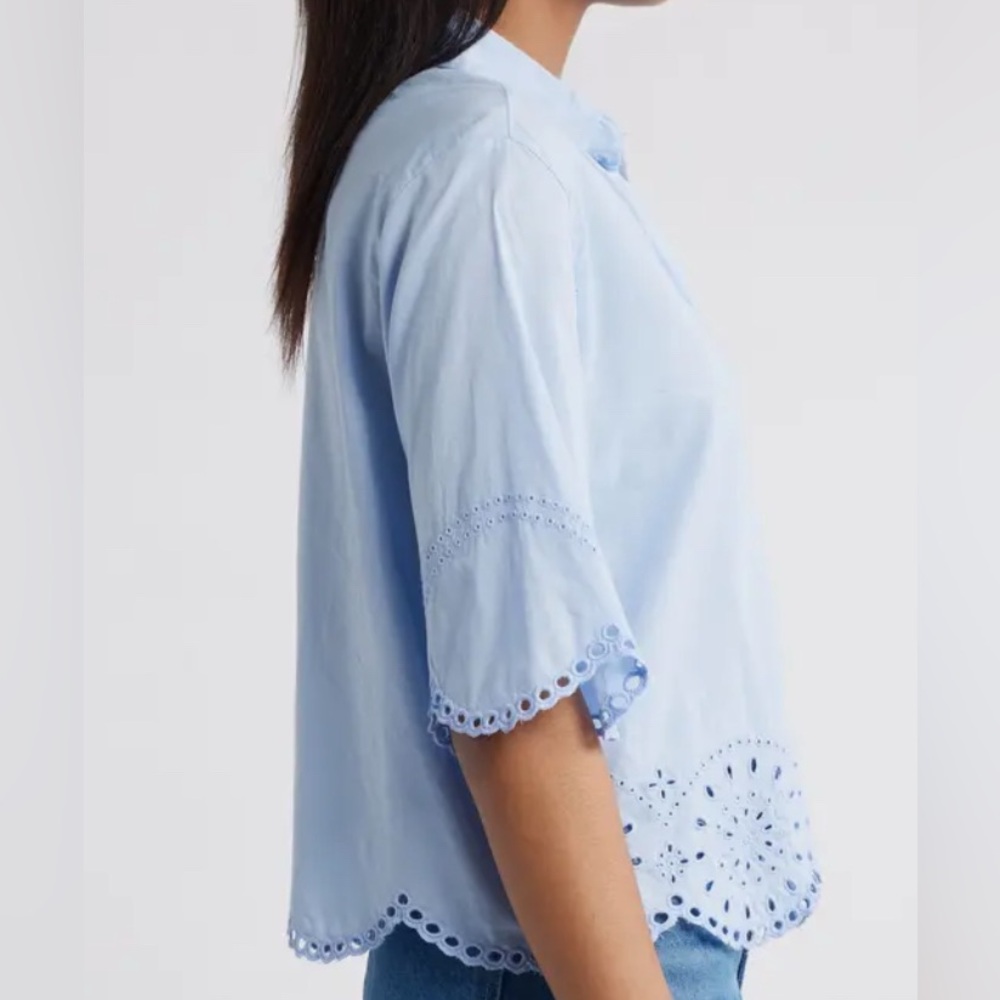 Beach Lunch Lounge Collection Azure Blue Clo Eyelet Border Button Up Top Sz XL - Picture 6 of 8